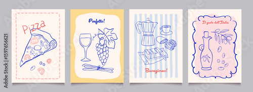Italian food posters design. Trendy hand drawn art.  Mediterranean eat. Retro vector illustration of pizza,coffee,butter,ciabatta,olive,wine etc. Graphic  for  interior, restaurant,  cafe, menu.