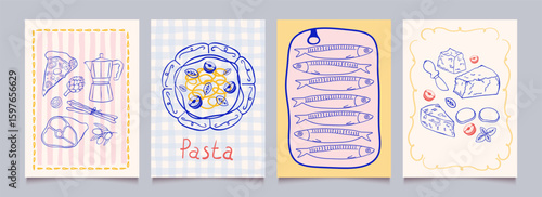 Italian food posters design. Trendy hand drawn art.  Mediterranean eat. Retro vector illustration of pasta, sardine, pizza, prosciutto. Graphic  for  interior, restaurant, kitchen, cafe, menu.