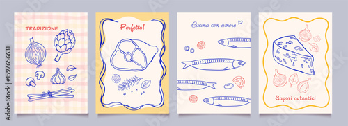Italian food posters design. Trendy hand drawn art.  Mediterranean eat. Retro vector illustration of pasta,  cheese, prosciutto, fish, tomato, fig, etc. Graphic  for  interior, restaurant, menu.