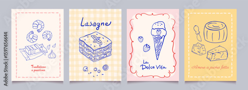 Italian food posters design. Trendy hand drawn art.  Mediterranean eat. Retro vector illustration of pasta,  lasagna, shrimp. Graphic  for  interior, restaurant.