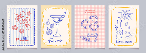 Italian food posters design. Trendy hand drawn art.  Mediterranean eat. Retro vector illustration of tomato, martini, ravioli, espresso, tiramisu etc. Graphic  for  interior, restaurant,  menu.