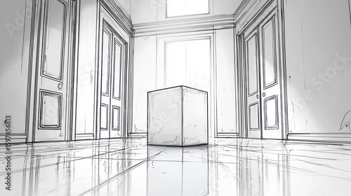 Interior sketch of a hallway with a cube object.