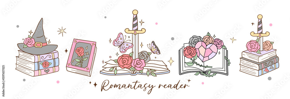 Obraz premium Draw vector illustration banner fantasy book Girls reading Romance novel Doodle cartoon style