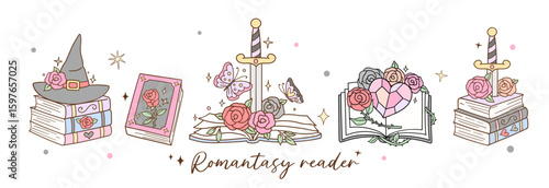 Draw vector illustration banner fantasy book Girls reading Romance novel Doodle cartoon style