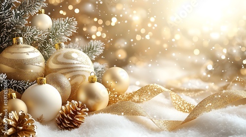 Festive christmas ornaments and decorations in elegant gold and white colors with bokeh effect.