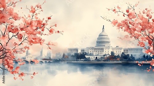 Watercolor painting of the united states capitol building amidst blooming cherry blossoms