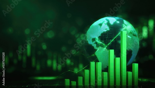 Futuristic green financial chart with world globe