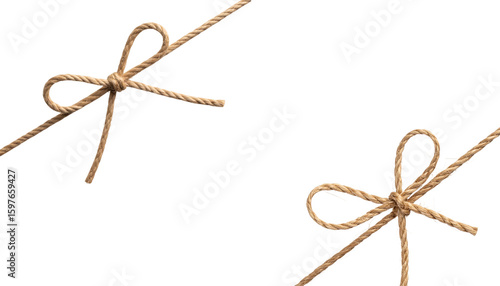 An isolated brown rope with a tight knot and loop is tied on a white background