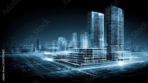 Futuristic city blueprint at night