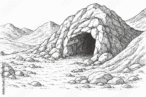 Black and white sketch of a rocky cave entrance in mountain landscape. 