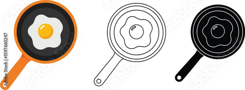 Fried egg in pan vector illustration breakfast cooking food kitchen utensil omelet design graphic art