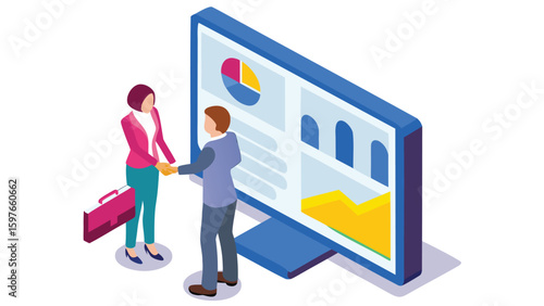 Isometric business meeting with handshake and data charts on a large computer screen display shown