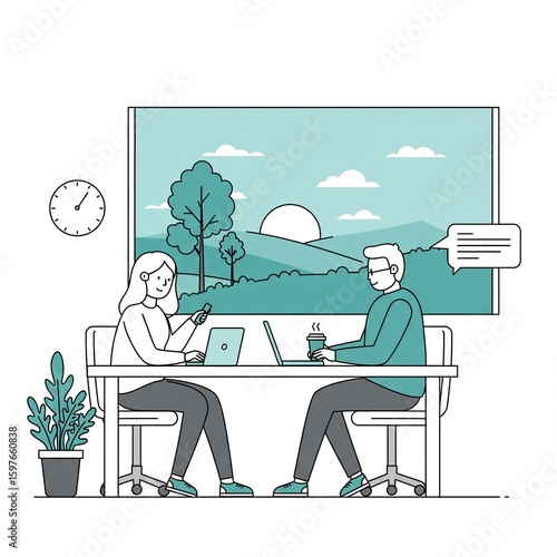 Two people working together at a desk with laptops, a plant, and a scenic view through a window.