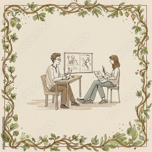 Two people collaborate on creative projects at a desk with a whiteboard displaying drawings and digital devices