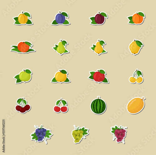 Whole homegrown fruit stickers – flat vector illustrations. Fruit set