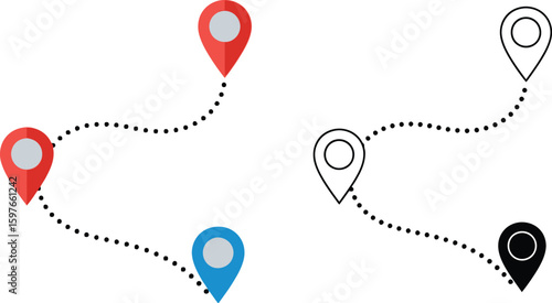 Route planning with location pins for gps navigation and travel itinerary mapping and destination finding