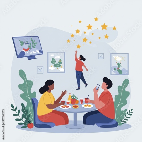 Friends enjoy a meal together while one person reaches for stars, symbolizing aspirations and shared moments.