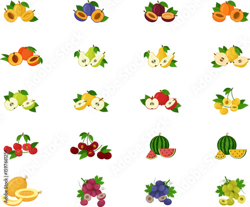 Flat design homegrown fruits. Vector illustrations on white background. Icons. Fruit set	