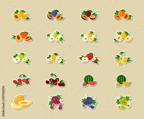 Flat design homegrown fruits. Vector illustrations. Fruit stickers. Set