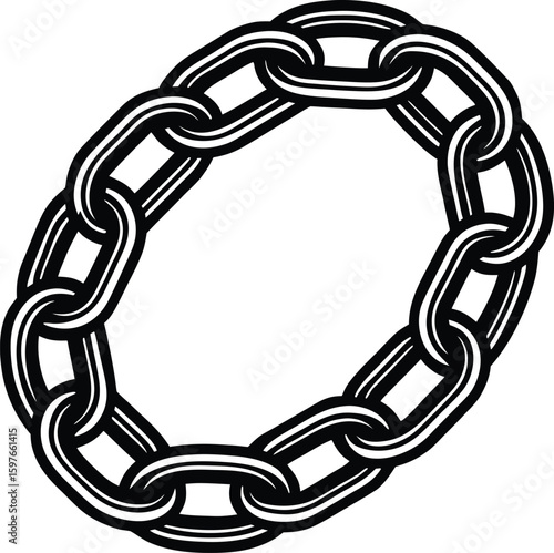 Vector illustration of a strong, silver metal chain link connection, symbolizing security and power, strength symbol, chain link, connected, link chain, shiny, close shot, close view, metallic shine
