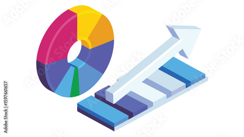 Isometric pie chart with colorful segments and a rising bar graph with an arrow showing growth