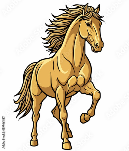 Majestic gold horse illustration standing proudly with flowing mane and muscular physique. This stunning gold horse represents strength and beauty, perfect for celebrating equestrian themes.