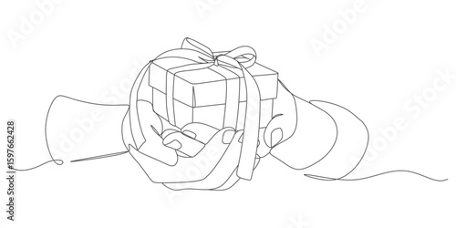 Continuous line vector design of two hands carrying a gift