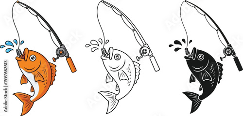 Fishing clip art illustration of caught fish with fishing rod and reel in color outline and silhouette