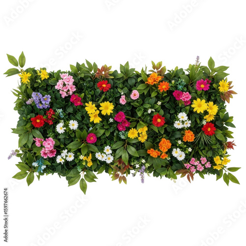 Vibrant artificial flower wall panel with lush green foliage and a variety of colorful blossoms, perfect for event backdrops, garden decor, or interior design accents