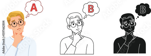 Cartoon man decision making process a or b thinking options comparison dilemma choice problem solving concept