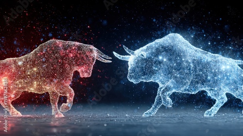 Two abstract bulls in a clash of light