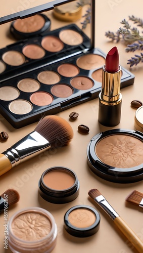 Elegant Makeup Still Life Featuring Eyeshadow Palette Lipstick and Coffee Beans for Beauty Bloggers and Cosmetics Industry