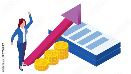 A woman celebrating financial growth with an upward arrow coins and a rising bar graph displayed