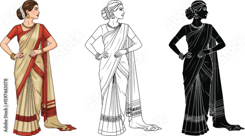 Indian woman in saree vector illustration traditional clothing ethnic fashion design cultural dress silhouette