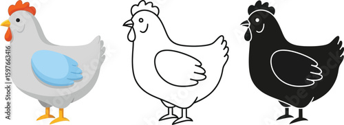 Chicken vector illustration set in color outline and silhouette style farm animal design element