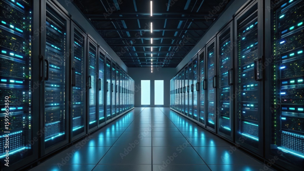 Fototapeta premium A modern server room with rows of data servers illuminated by blue lights, creating a futuristic and high-tech atmosphere.