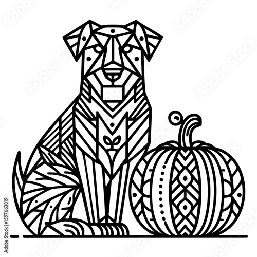 Geometric dog sitting beside decorative pumpkin in autumn theme  