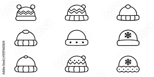 Line art of winter hats and beanies in various designs  