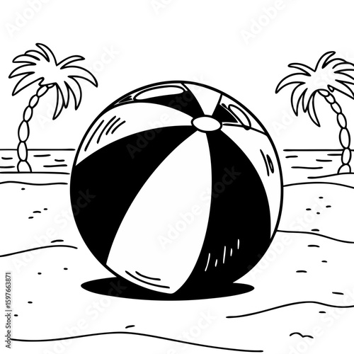 Beach ball on sandy shore with palm trees and ocean background  