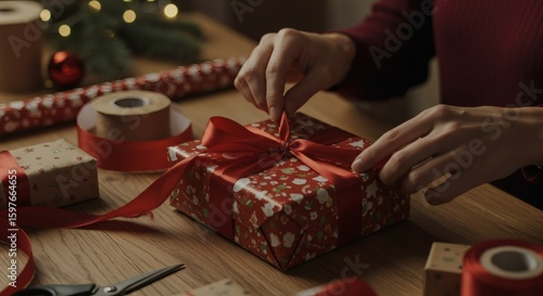 Hands Tying Red Ribbon Bow on Festive Gift Box, Holiday Present Wrapping on Wooden Table