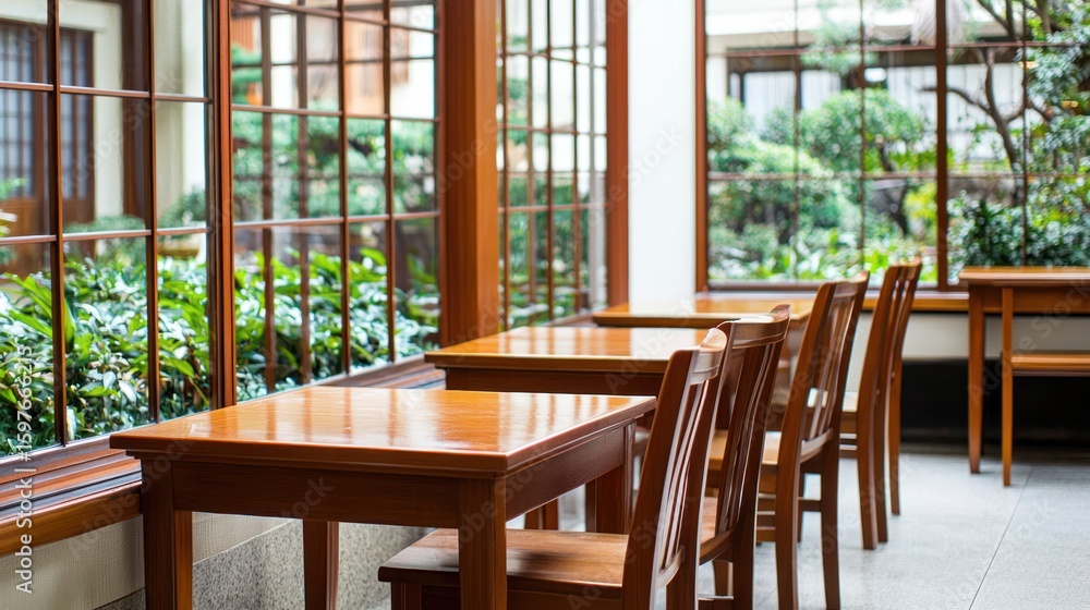 Fototapeta premium Wooden tables and chairs in a light-filled dining area.