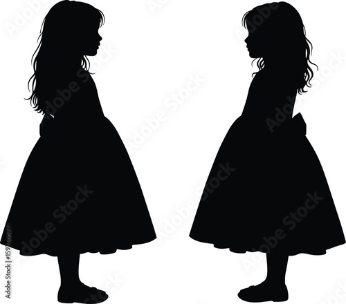 Silhouette of two fashionable girls in elegant dresses, black and white contrast, artistic child portrait, stylish kids fashion illustration
