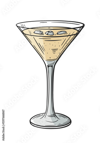 Martini cocktail hand drawn isolated on white background. Vintage sketch of alcoholic drink glass. Colorful party cocktail. Vector illustration