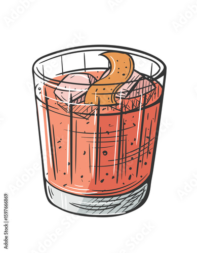 Negroni cocktail hand drawn isolated on white background. Vintage sketch of alcoholic drink glass. Colorful party cocktail. Vector illustration