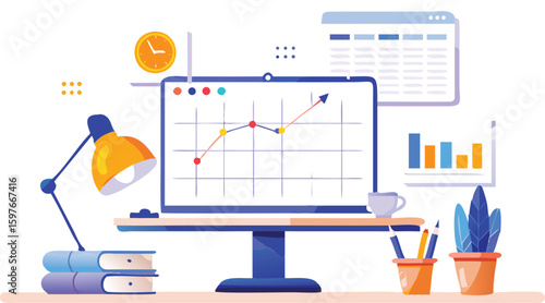 Illustration of a desk setup with a computer displaying a graph and office accessories around it