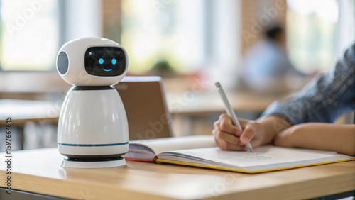 Human and ai collaboration in education with robot assistant on desk, cheerful learning scene