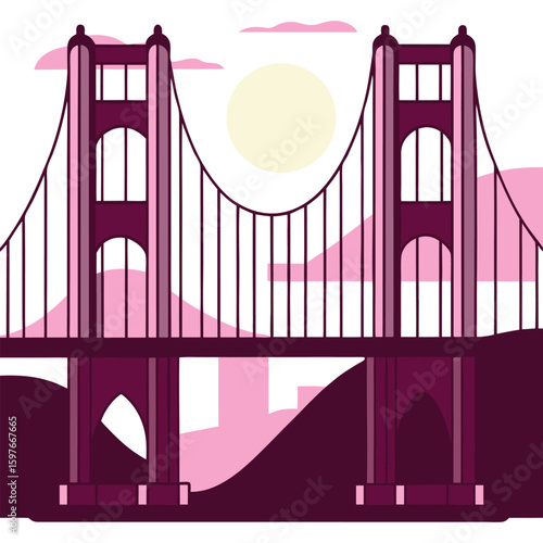 Stylized illustration of the golden gate bridge in a modern flat design with a pastel pink and purple color palette under a pale yellow sun