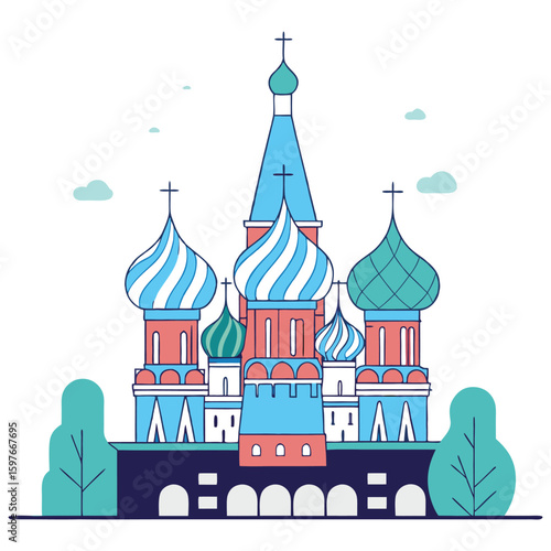 Kremlin and Saint Basil’s Cathedral (Russia) - Stylized illustration of saint basil s cathedral in moscow russia featuring iconic onion domes and vibrant colors against a white background