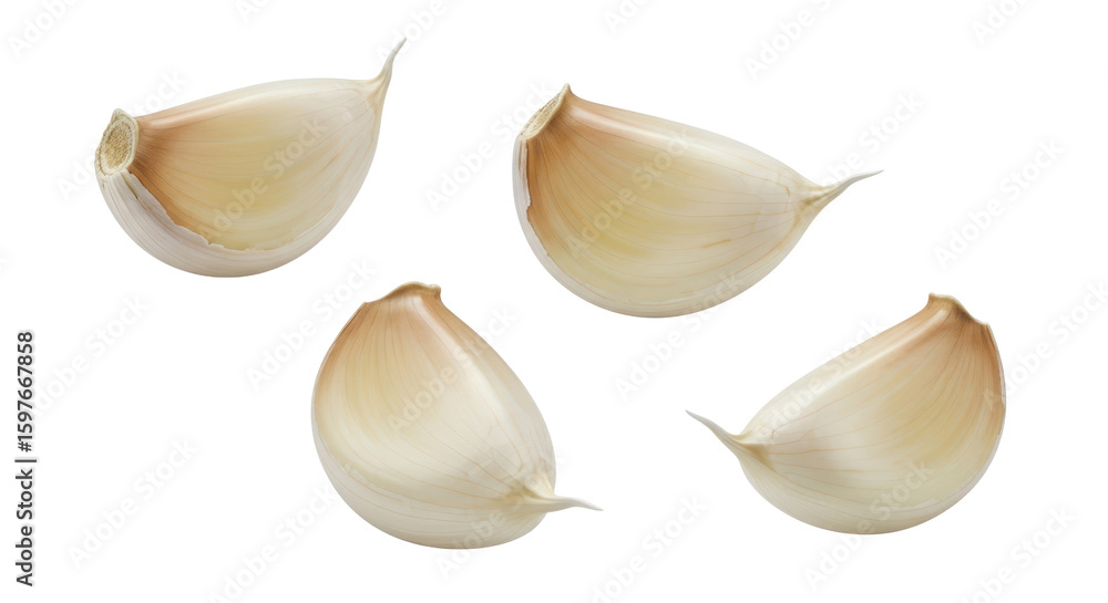 Fototapeta premium Four garlic cloves for cooking or adding flavor isolated PNG with Transparent Background