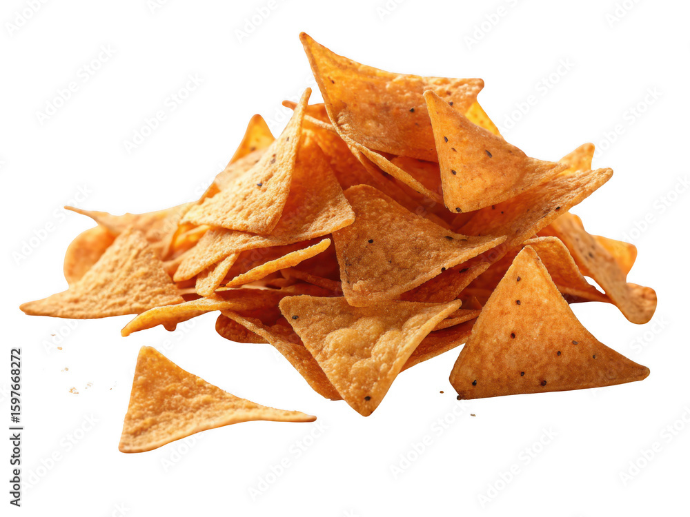 Fototapeta premium Pile of golden corn tortilla chips isolated on transparent background for snacks
